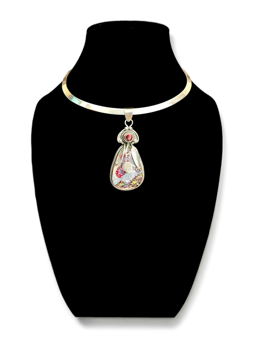 Vintage Signed Sajen 925 Sterling Silver Collar Necklace Artisan Dichroic Pendan